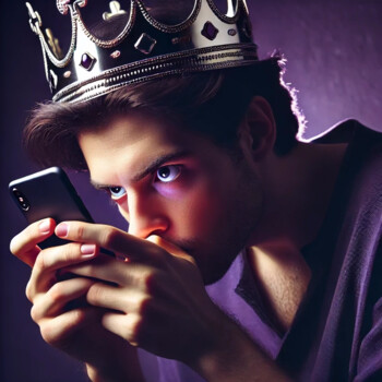 DALL·E 2024-07-19 15.09.39 - A person intensely and longingly staring at their phone, with a crown on their head, standing in front of a dark purple wall. The person should have a