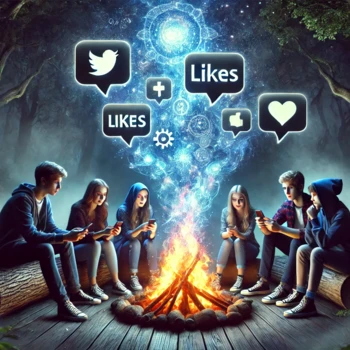DALL·E 2024-07-23 11.35.39 - Four teenagers sitting around a digital campfire, engaging in a lively conversation about the latest social media trends. They are holding smartphones
