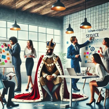 DALL·E 2024-07-19 14.12.14 - A king conceptualizing an advertising campaign with his team, depicted as a down-to-earth service provider. The scene should show the king in regal at